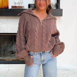Chunky Brown Cowl Neck Cable Knit Sweater